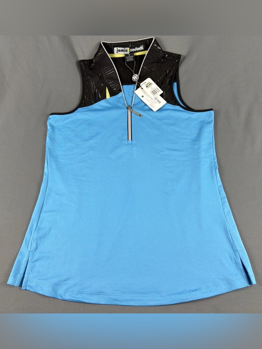 Jamie Sadock Golf Shirt Sleeveless Printed Zip XS Black Blue Polyester Spandex